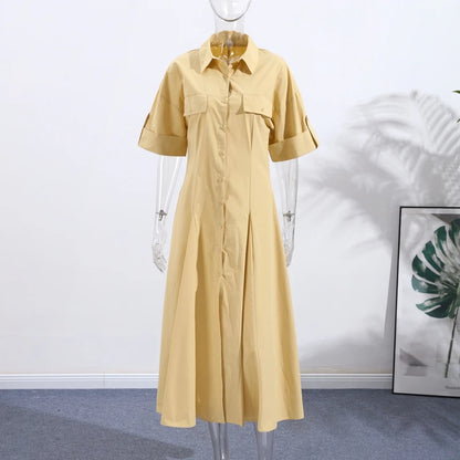 Women Summer Dress - Casual Striped Long Half Sleeve Slim Waist Mid-Calf Robe