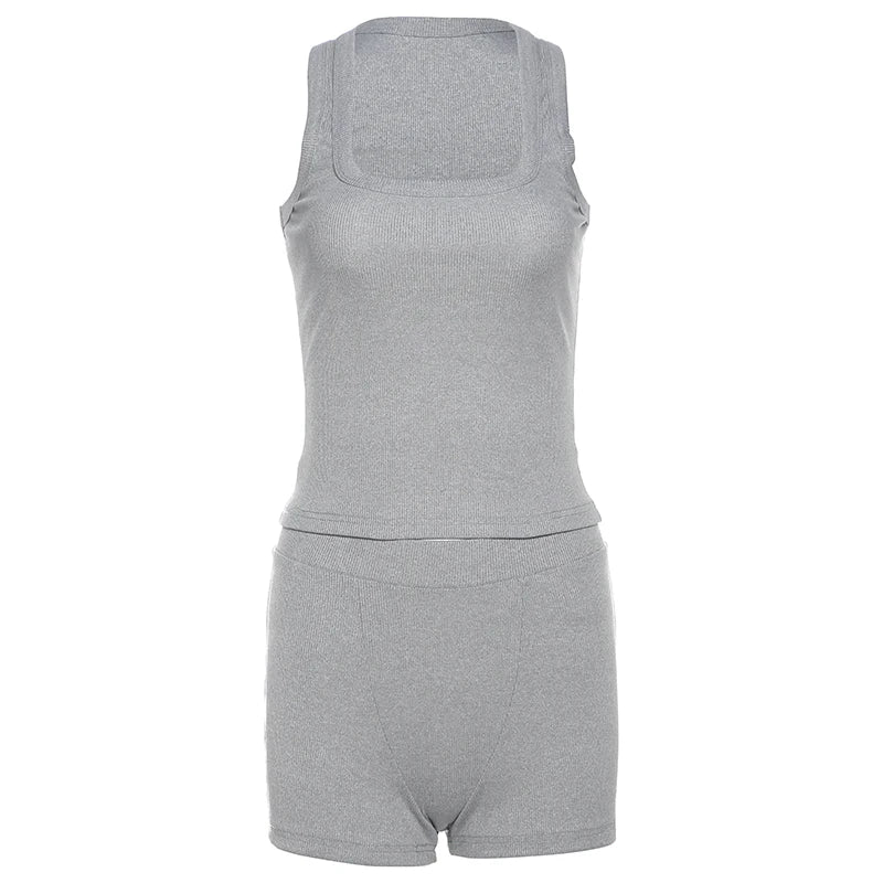 Nibber Ribbed Casual 2 Piece Set Women Tracksuit Sporty Square Collar Tank Tops+Shorts Suit Streetwear Simple Matching Outfits