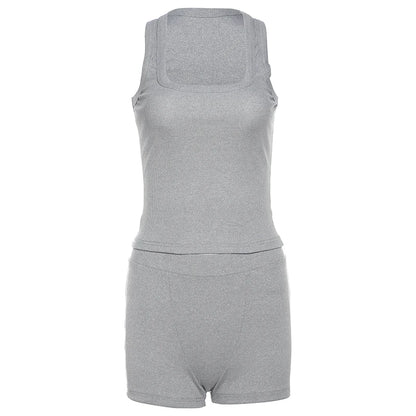 Nibber Ribbed Casual 2 Piece Set Women Tracksuit Sporty Square Collar Tank Tops+Shorts Suit Streetwear Simple Matching Outfits