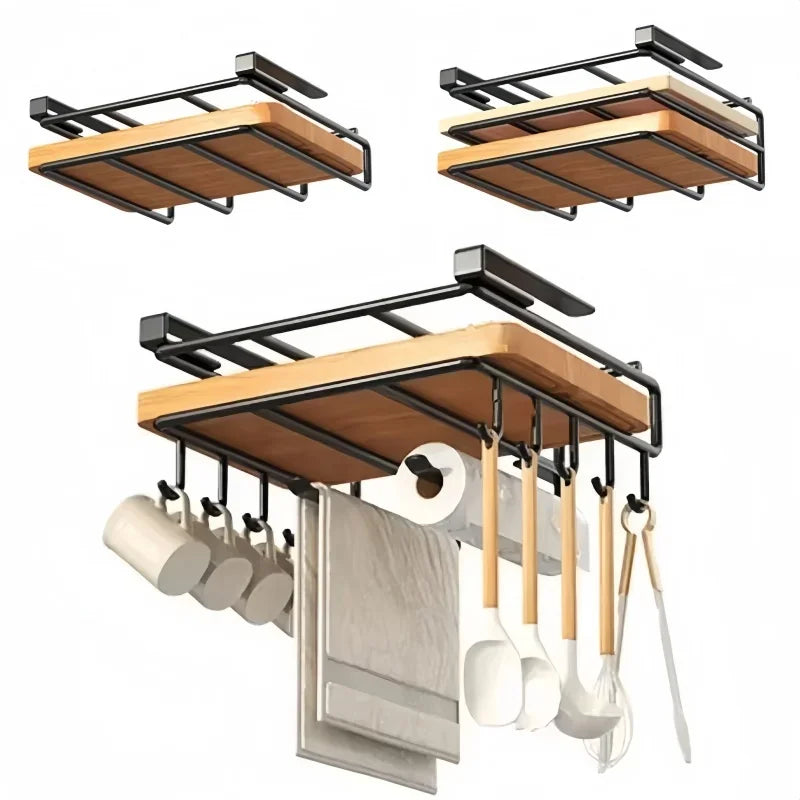 Under Cupboard Organizer Rack - Kitchen Storage Rack with Cutting Board Holder & Paper Towel Hanger