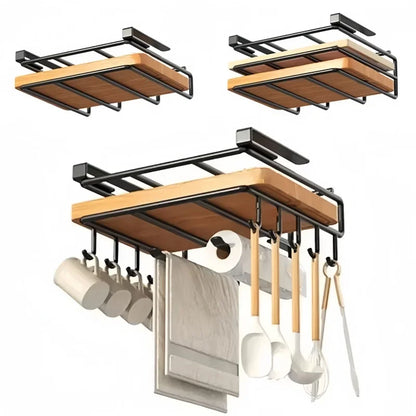Under Cupboard Organizer Rack - Kitchen Storage Rack with Cutting Board Holder & Paper Towel Hanger