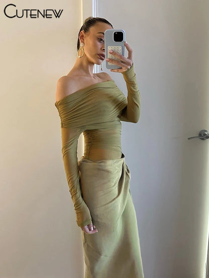 Mesh Ruched Maxi Dress - Sexy Sheath Off Shoulder Ankle Length Party Dress