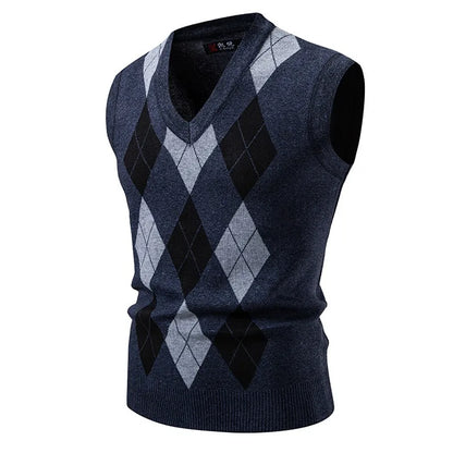 New Mens Argyle Knitwear Vest V Neck Sleeveless Casual Slim Fit Pullover Knitted Sweater Outdoor Streetwear Casual Tank Tops