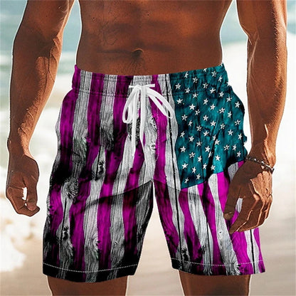 Men Board Shorts - American Flag Print 3D Printed Beach Swim Trunks For Summer
