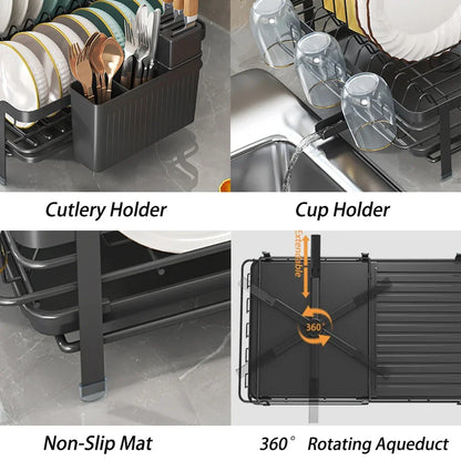 Expandable Dish Drainer - Adjustable Kitchen Rack with Drainboard, Utensil & Cup Holder
