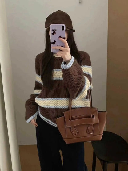 Chic Loose Long Sleeve Knitted Sweater round Neck Striped Autumn Winter New Style Women's Regular Fit Comfortable Casual Sweater