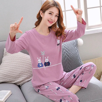 Autumn Thin 2pieces Pyjamas Set Women 2025 Round Neck Girls Bear Pajamas Sets Teacup Cat Full Sleepwear Tops lovers Pajama Mujer