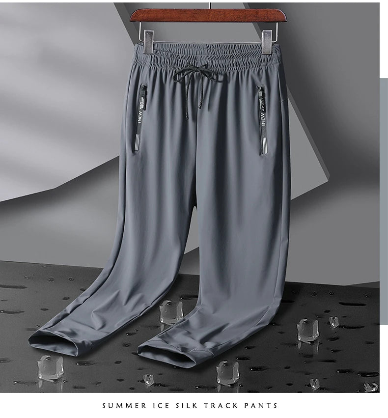 Men's Athletic Stretchy Ice Silk Quick Dry Pants Zipper Pockets Lightweight Sweatpants Outdoor Hiking Breathable Running Workout
