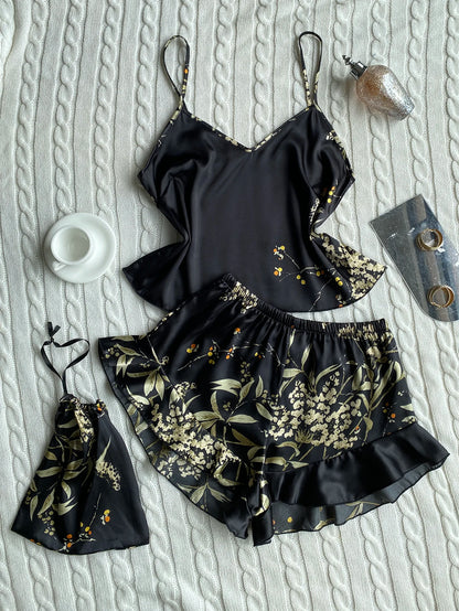 Elegant Floral Print Cami Tops Ruffle Hem Shorts Pajama Set  Women's Sleepwear Loungewear