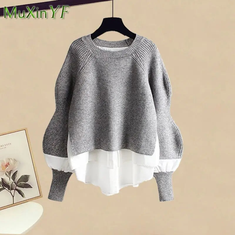 2025 Autumn/Winter New Korean Elegant Fake Two Piece Knit Sweater Top+Casual Pants Suit Women's Fashion Tracksuit Matching Set