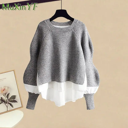 2025 Autumn/Winter New Korean Elegant Fake Two Piece Knit Sweater Top+Casual Pants Suit Women's Fashion Tracksuit Matching Set