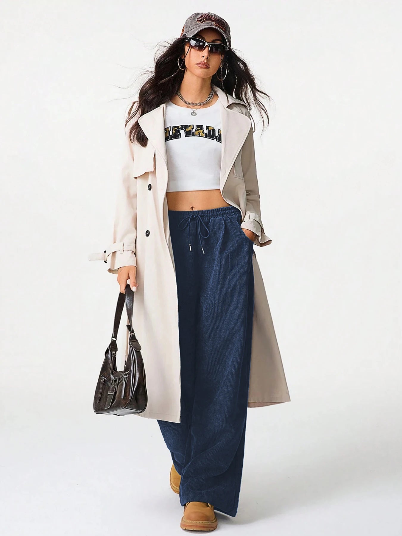 Women's Retro Corduroy Cargo Pants Casual Drawstring Straight Sports Pants Drape Daily Commuting Wide Leg Pants