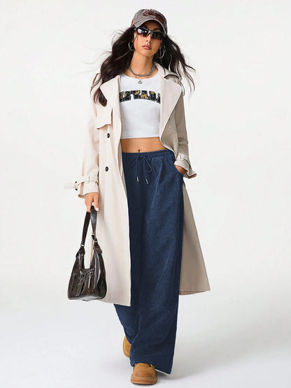 Women's Retro Corduroy Cargo Pants Casual Drawstring Straight Sports Pants Drape Daily Commuting Wide Leg Pants