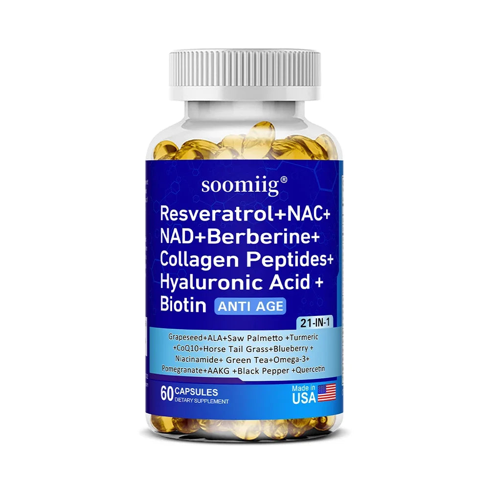 NAD +,Containing Resveratrol,Collagen Peptides,Turmeric and More 21-in-1-Enhances Cell Vitality,Promotes Cell Repair,Anti-aging