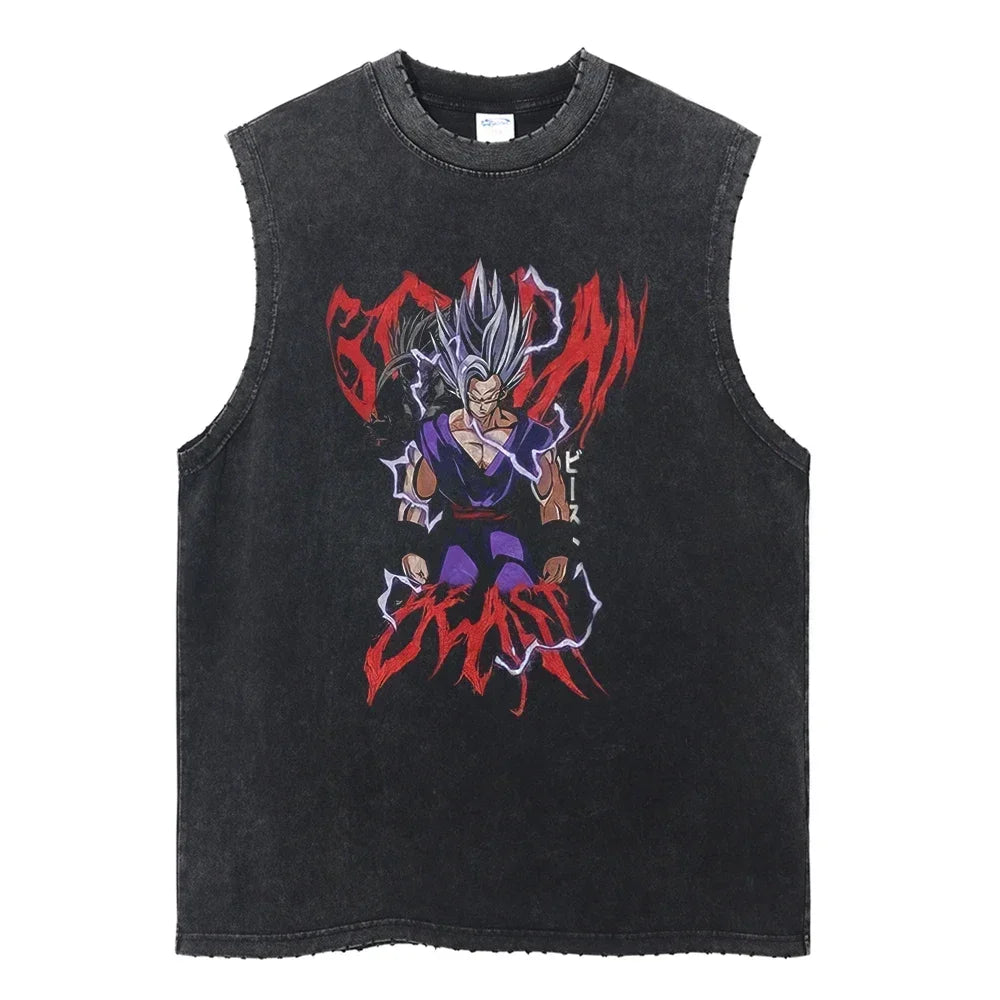 Vintage Vest Washed T-Shirt Anime Dragon Ball Graphic Tank Top Cotton Sleeveless Streetwear Loose GYM T Shirt Men's Clothing