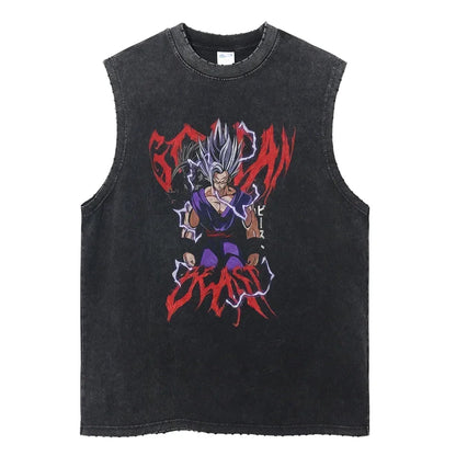 Vintage Vest Washed T-Shirt Anime Dragon Ball Graphic Tank Top Cotton Sleeveless Streetwear Loose GYM T Shirt Men's Clothing