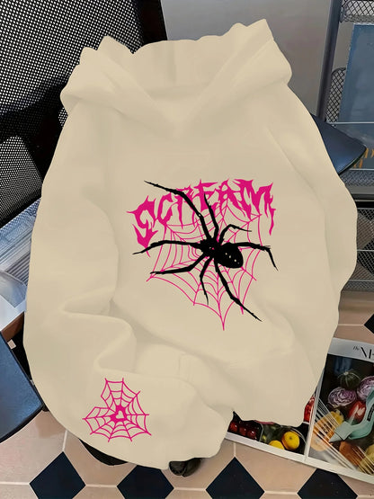 Fall Casual gothic Style Spider Web Print Hooded Sweatshirt for Men - Y2K Street Style Hip-Hop Long-Sleeved Pullover Hoodie