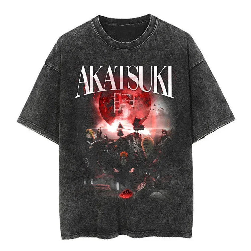 Men Streetwear Tshirt Japanese Naruto Anime Graphic T-Shirt Cotton Harajuku Washed T Shirt Summer Hip Hop Tops Tees Black