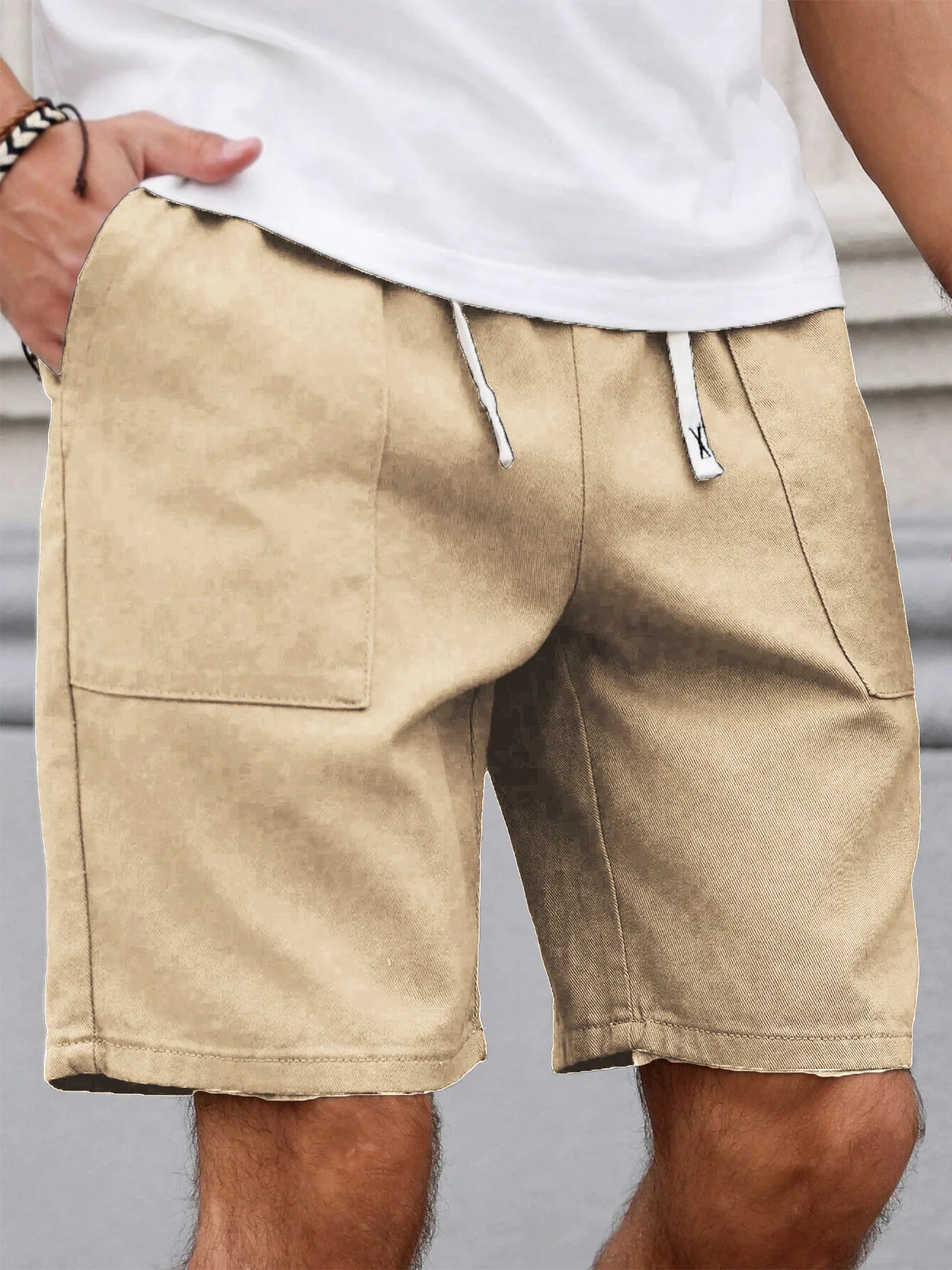 Summer Men's Retro American Style Shorts with Drawstring Casual Pants Included Solid Color Trendy Mid-Length Men's Shorts