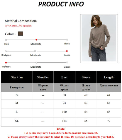 Bornladies Autumn New Fashion Women Cotton Striped Long Sleeve T Shirt Office Casual Simple Round Neck Pullover Tops & Tees