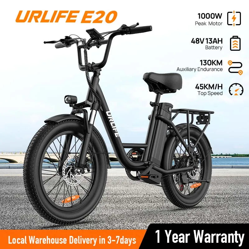 URLIFE 1000W E20 Electric Bike | 48V 13Ah Removable Battery, 28MPH, 20''X3" Fat Tire, 7-Speed E-Bike with Dual Disc Brake