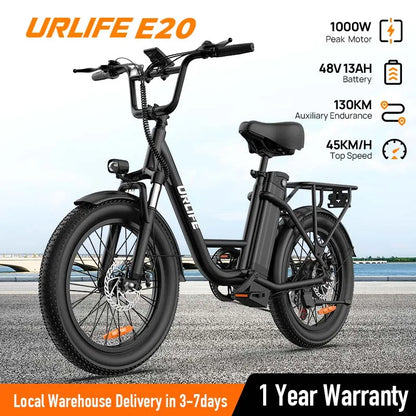 URLIFE 1000W E20 Electric Bike | 48V 13Ah Removable Battery, 28MPH, 20''X3" Fat Tire, 7-Speed E-Bike with Dual Disc Brake