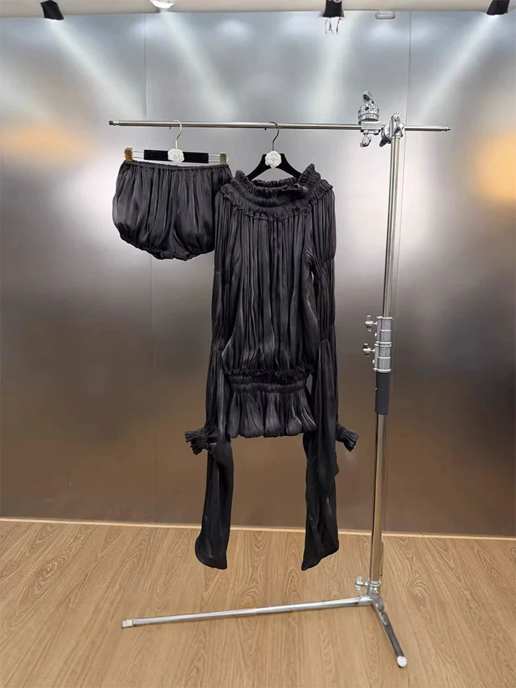 GALCAUR Solid Loose Spliced Folds Mini Dress for Women Slash Neck Long Sleeves Patchwork Elastic Waist Dresses Female Fashion