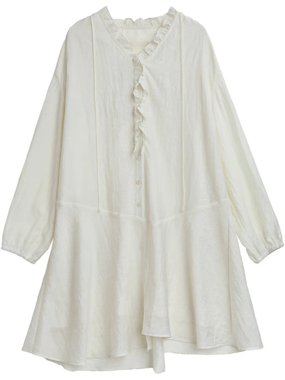 Women Loose Dress - Casual V-Neck Long Sleeve A-Line Knee Dress With Ruffled Lantern Sleeves