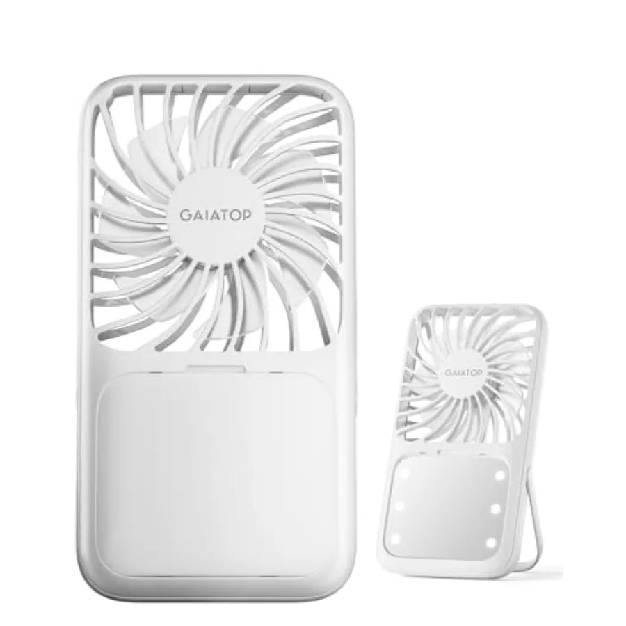 Portable Handheld Fan, 3 Speed LED Makeup Mirror with Light, Folding Stand for Desktop, Rechargeable Mini Personal Fans Small T