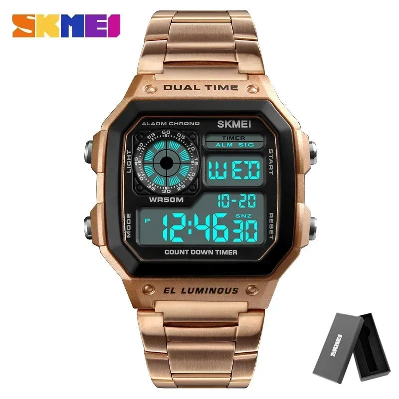Digital Sport Watch - Men's Waterproof Stainless Steel Band Retro Chronograph Wristwatch
