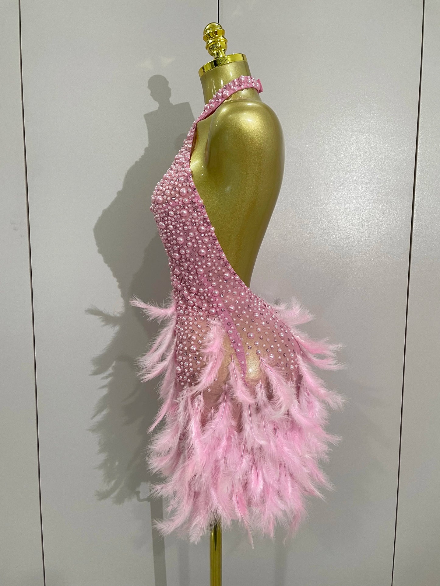 Backless Halter Dress - Women's Party Mini Sheath With Rhinestone & Feather Details
