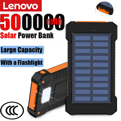 Lenovo 500000mAh Solar Power Bank Super Fast Charging Large Capacity Portable External Battery for iPhone Outdoor Emergency