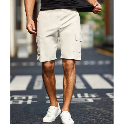 Mens Solid Color Cargo Shorts with Pockets Drawstring Waist Elastic Side Loose Fit Chino Summer Lightweight Trousers