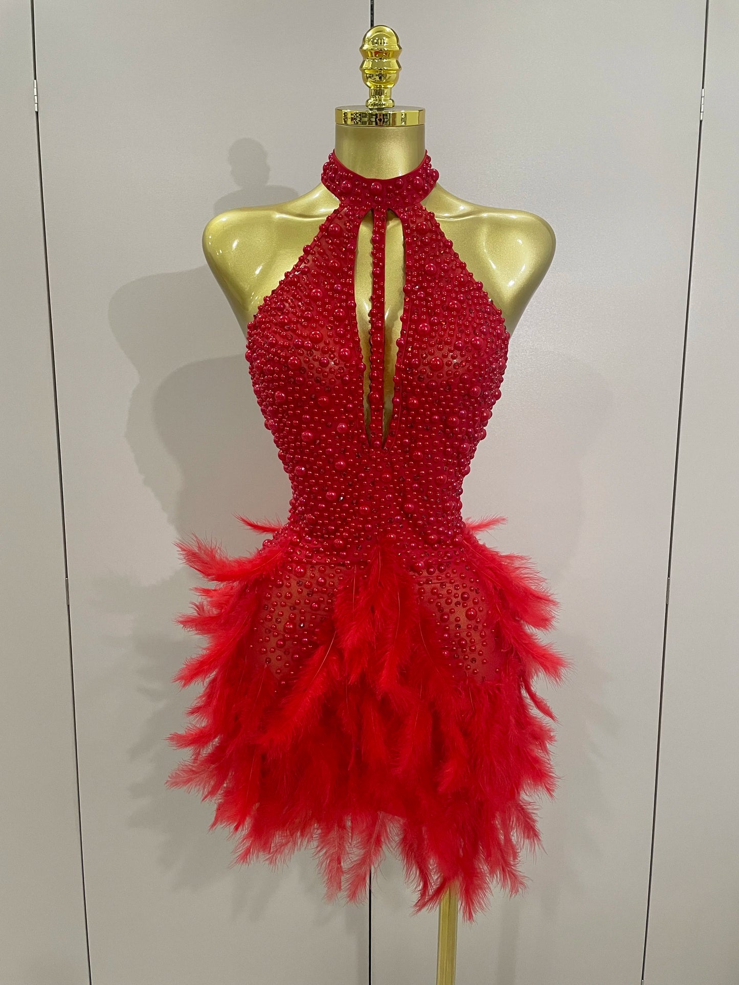 Backless Halter Dress - Women's Party Mini Sheath With Rhinestone & Feather Details