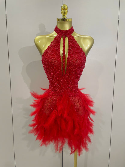 Backless Halter Dress - Women's Party Mini Sheath With Rhinestone & Feather Details