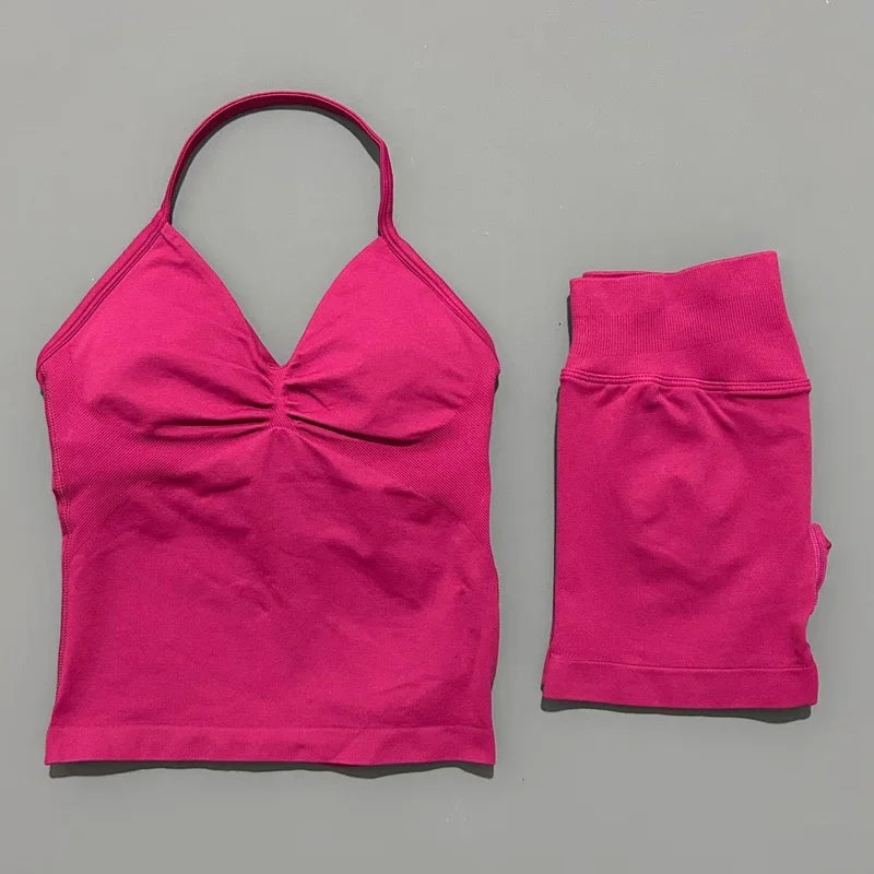 2Pcs HISTELLO Yoga Set Women Halter Tank Top Scrunch Butt Lifting Shorts Ruched Anti Chafe Quick Dry Gym Workout Sports Set