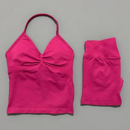 2Pcs HISTELLO Yoga Set Women Halter Tank Top Scrunch Butt Lifting Shorts Ruched Anti Chafe Quick Dry Gym Workout Sports Set