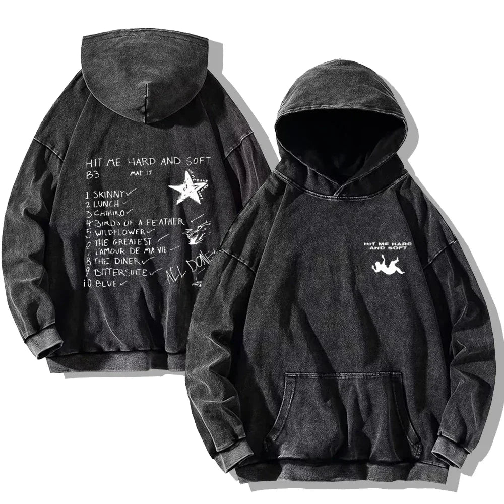 Hit Me Hard and Soft Washed Hoodies Vintage Cotton Hooded Pullover Men's Women's Loose Casual Gothic Sweatshirts Y2K Coat Unisex