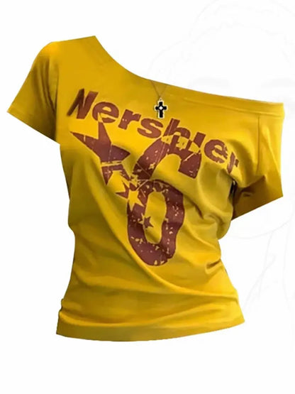 Summer Y2k Sport Off Shoulder Top Women Sexy Vintage 2000s Short Sleeve T Shirt Lady Body Basic Crop Top Female Casual