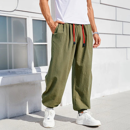 Men's Harem Pants Loose Fit Chinese Style Cotton Linen Solid Color Cozy Sweatpants Joggers High Quality Male Casual Trousers