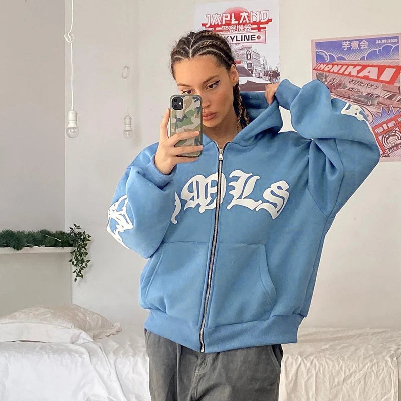 New Women's Street Style Hoodie with Foam Zipper European & American Fashion Casual Comfortable Fit Hooded Sweatshirt
