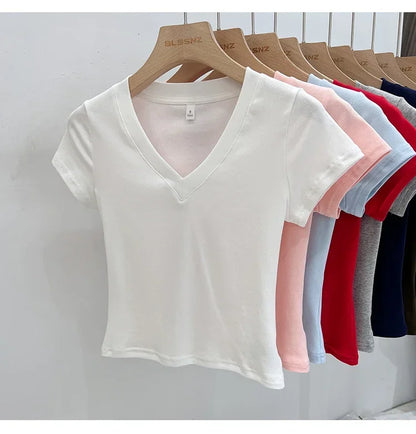 Summer Sexy V-neck Slim T Shirt Women Cotton Basic Solid Crop Tops Female Casual Tops Short Sleeve T-shirts 2026