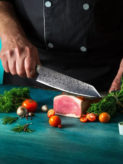 Damascus Chef Knife - Japanese Santoku Slicing Knife with Solid Wood Handle