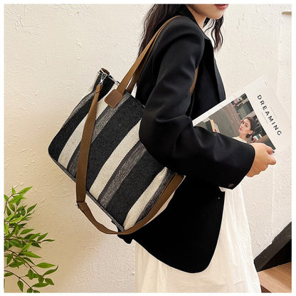Striped Canvas Tote - Women's Crossbody Shoulder Bag With Zipper Closure, Versatile Daily Use