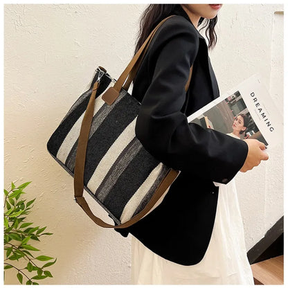 Striped Canvas Tote - Women's Crossbody Shoulder Bag With Zipper Closure, Versatile Daily Use