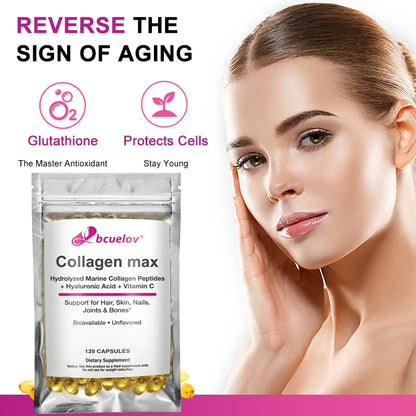 Bcuelov Collagen Max Hydrolyzed Marine Collagen Peptides Hyaluronic Acid + Vitamin C Supports Hair, Skin, Nails, Joints & Bones
