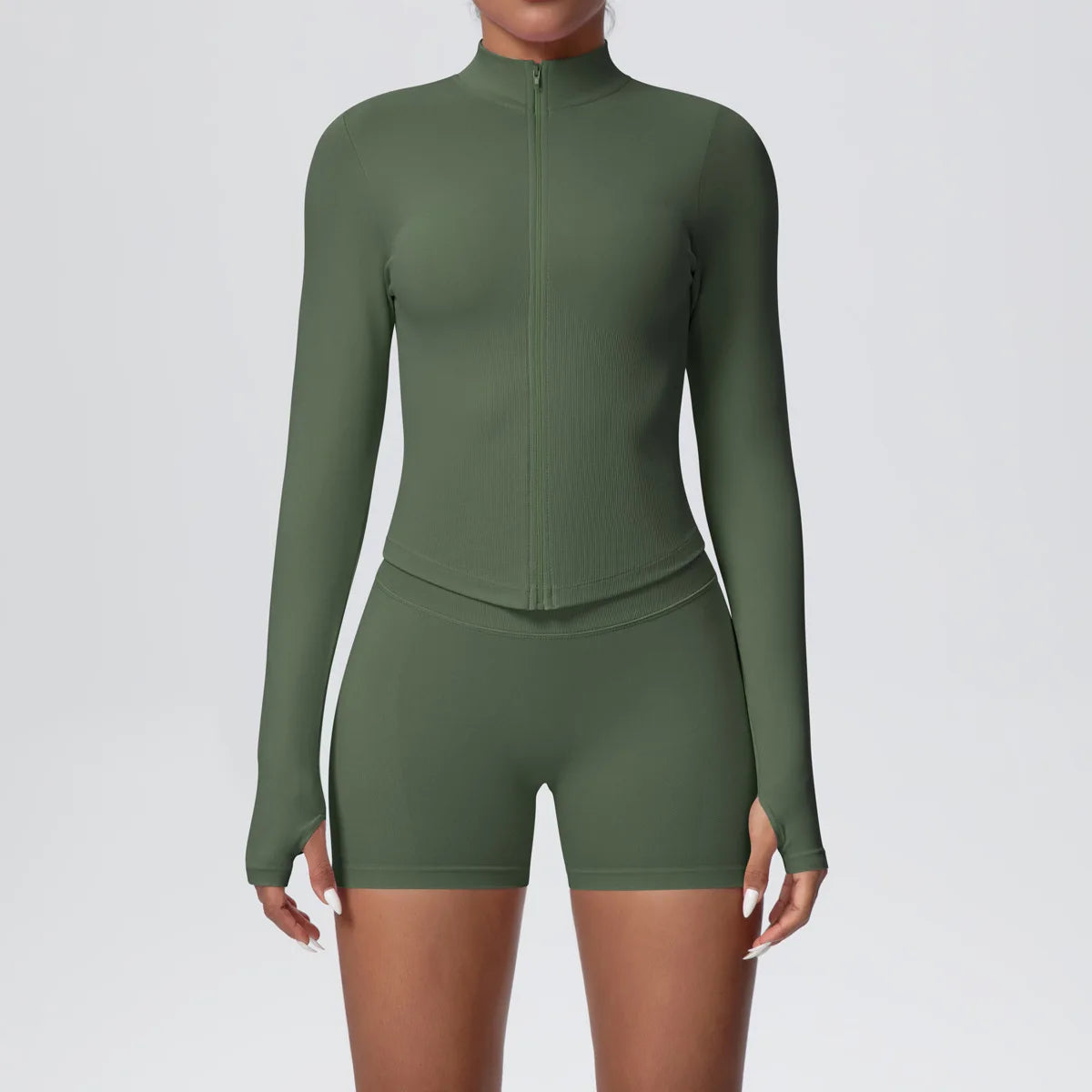 Women Gym Set - Seamless Yoga Suit With Zip Shirt & Cycling Shorts Activewear