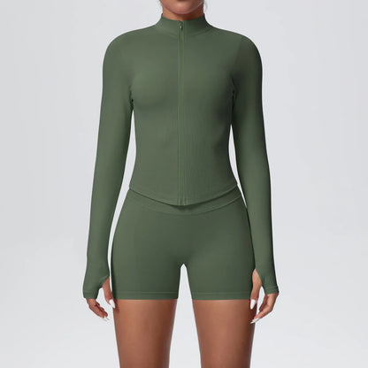 Women Gym Set - Seamless Yoga Suit With Zip Shirt & Cycling Shorts Activewear