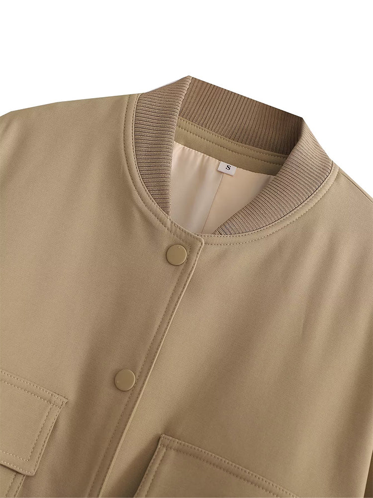 Women Bomber Jacket - Solid V Neck Single Breasted Polyester Coat With Pockets