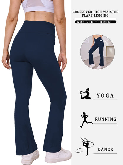 Womens Super Soft Crossover High Waisted Flare Leggings with Pockets Tummy Control Yoga Pants